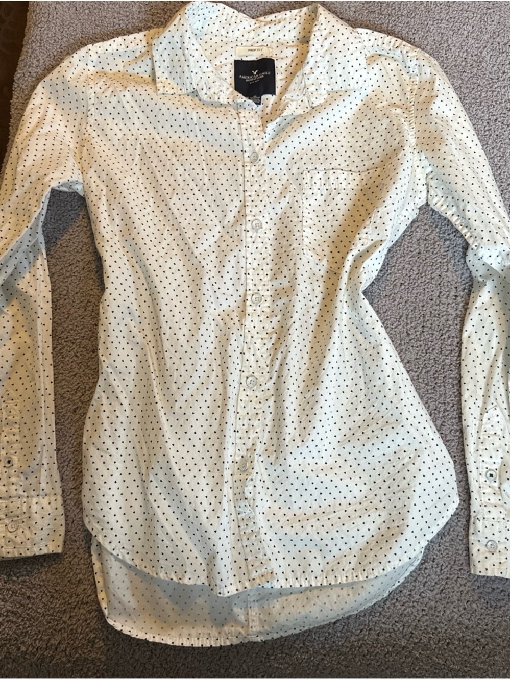 American Eagle Outfitters White Button-Down Shirt with heart Black Dot Pattern